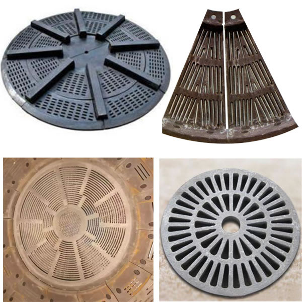 Ball mill diaphragm plates and separating wearhouse plates in 4 types - circular grate diaphragm, sector lifters with bar grates, spiral flow diaphragm and radial slot discharge plate - ZHILI foundry