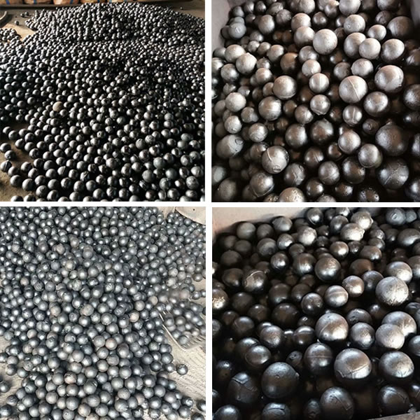 Forged and cast grinding media steel balls for ball mill - four views showing bulk stockpile, mixed sizes assortment, uniform small diameter batch and large diameter heavy balls - ZHILI foundry