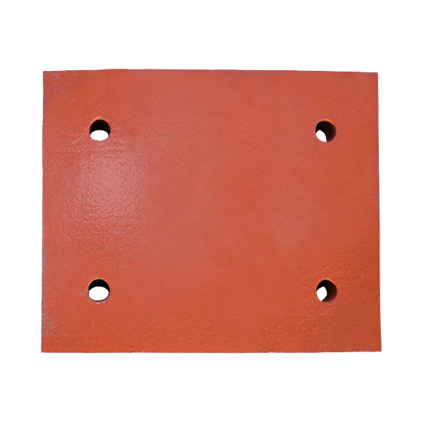 Square wear liner plate with four corner bolt holes and orange-red protective coating - flat abrasion resistant steel casting for chute hopper and conveyor transfer point lining - ZHILI foundry