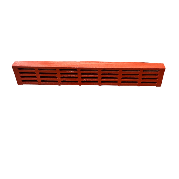 Crusher grid screen plate with multi-row slot pattern - long rectangular manganese steel casting for hammer mill or impact crusher discharge sizing - ZHILI foundry