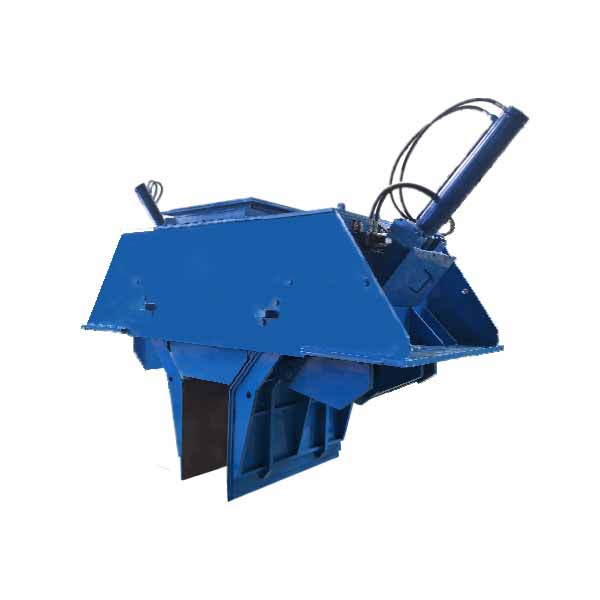 Hydraulic double slide feed device with blue painted steel body, angled feeding chute and cylinder actuator assembly - material feeding gate mechanism for roller press or crusher system - ZHILI foundry