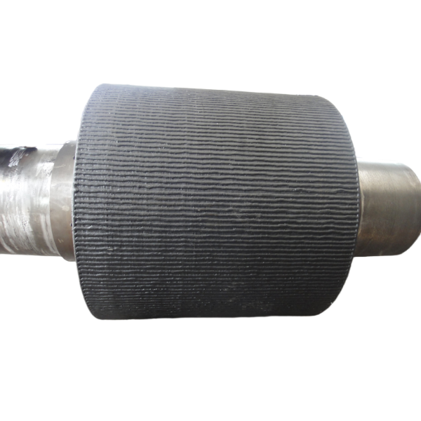 Vertical mill and roller press surfacing roller close-up - dense vertical ribbed hardfacing texture on cylindrical roller surface with machined shaft ends - alloy overlay welded wear component - ZHILI foundry