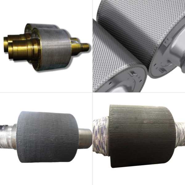 Roller press roller set in 4 views - cylindrical surface with stud and groove patterns, golden shaft end, textured working face and complete assembly - high chromium alloy casting for cement grinding roller press - ZHILI foundry