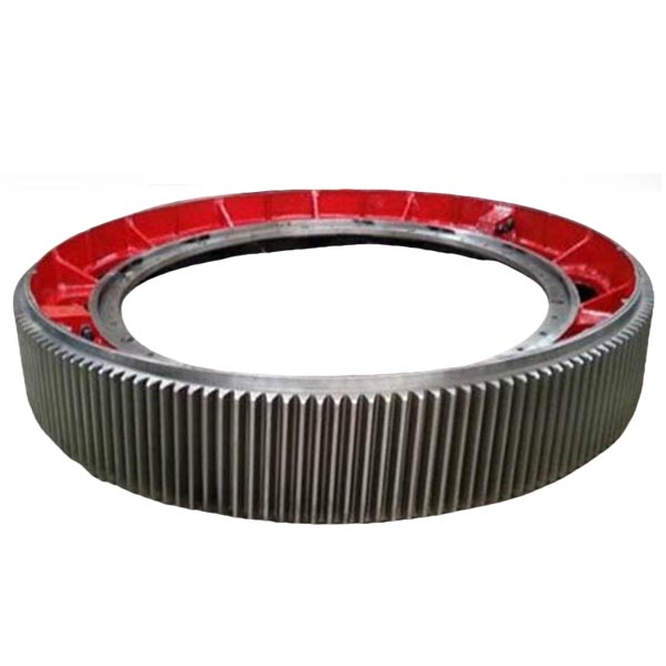 Large diameter girth gear ring with external spur teeth and red painted inner web - cast steel gear wheel for ball mill or rotary kiln main drive system - ZHILI foundry