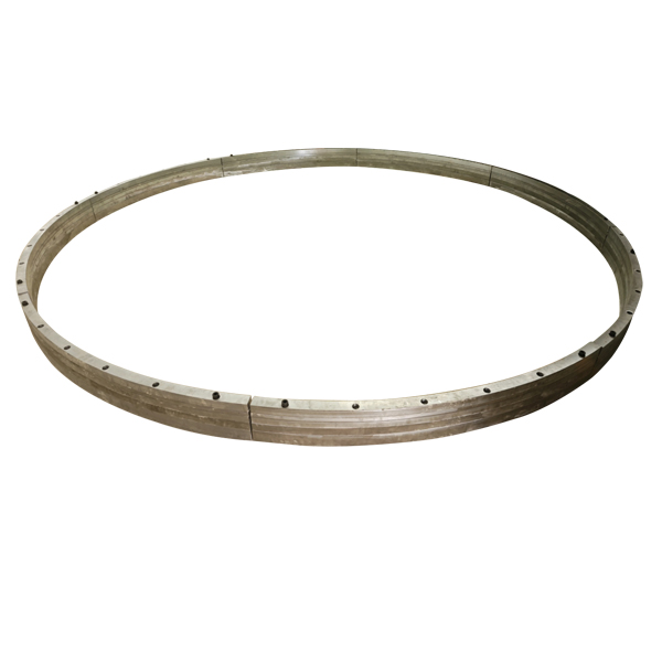 VRM dam ring assembly - large segmented circular steel ring with bolt hole flange for vertical roller mill grinding table material bed height adjustment - ZHILI foundry