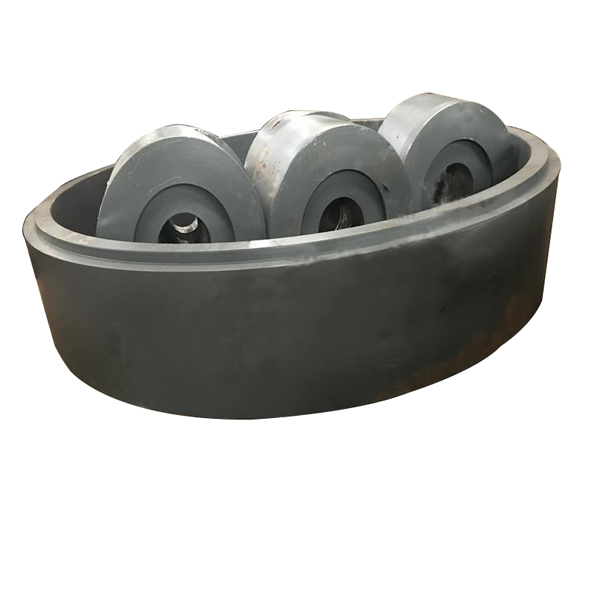 Raymond mill grinding roller assembly - three cylindrical rollers seated in oval grinding ring race - high chromium cast iron wear parts for Raymond pendulum roller mill - ZHILI foundry