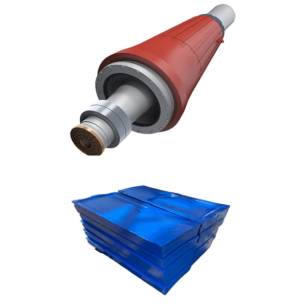 Gyratory crusher spare parts set - red manganese steel mantle with threaded shaft and blue concave liners stack - ZHILI foundry