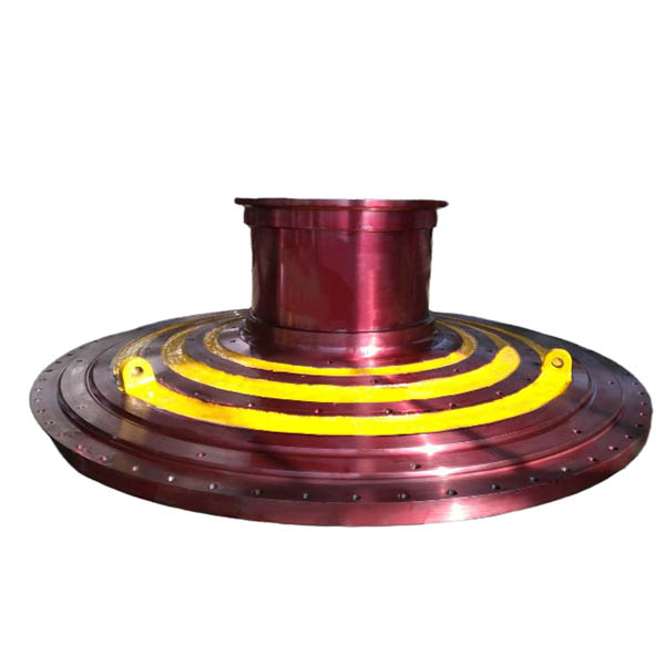 Ball mill end cover assembly with central trunnion neck and spiral lifter bars - large diameter cast steel mill head with precision machined flange bolt holes and lifting lugs - ZHILI foundry