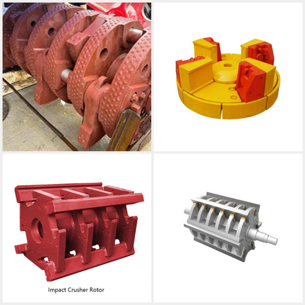 Crusher rotor assembly collection in 4 views — impact crusher rotor, hammer rotor with blow bars, segmented wear plate, and complete shaft assembly - ZHILI foundry